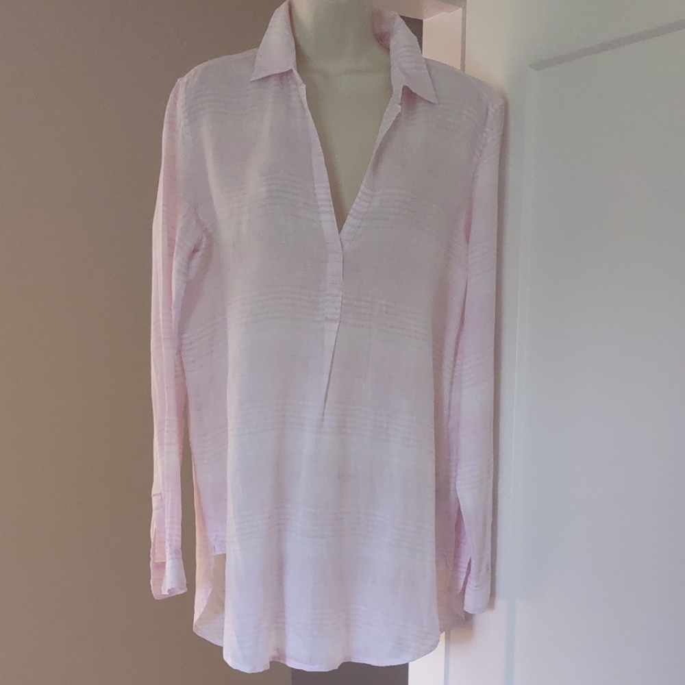 GAP Light Pink & White Stripe Long Sleeve Linen Blouse - Size M